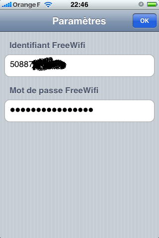 Page de configuration de FreeWifi sur iPhone